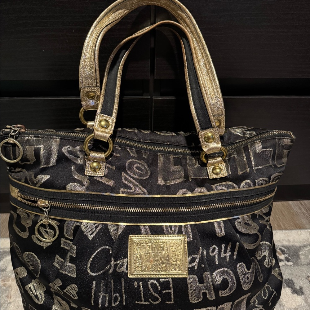 Coach Gold and Black Signature Tote with Metallic Accents